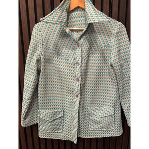 Vintage 70s Polyester Buttoned Shirt Blue/White/Tan 2 Pockets - Vintage Size 18